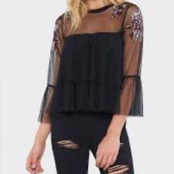 Willow & Clay Black Mesh Embroidered Floral Yoke Blouse Size M - Picture 4 of 8